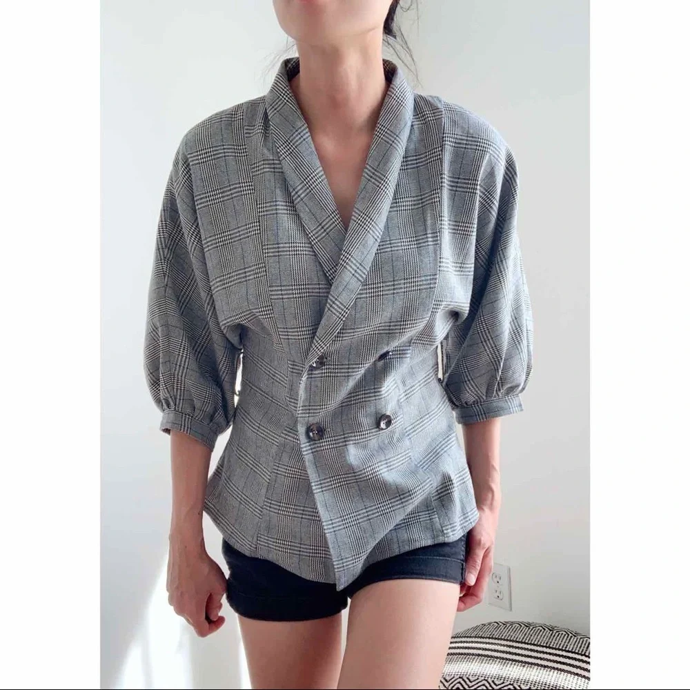 PLAID SLIM  BLAZER TOP - Picture 11 of 12